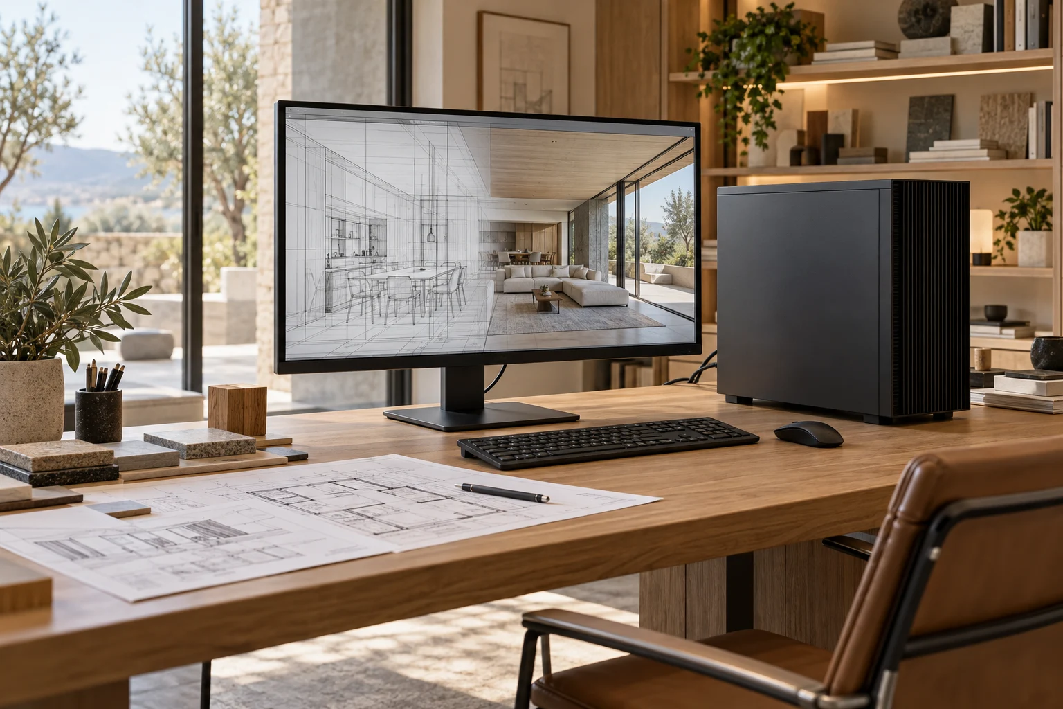 Komputer stacjonarny z monitorem na biurku w nowoczesnej pracowni architektonicznej